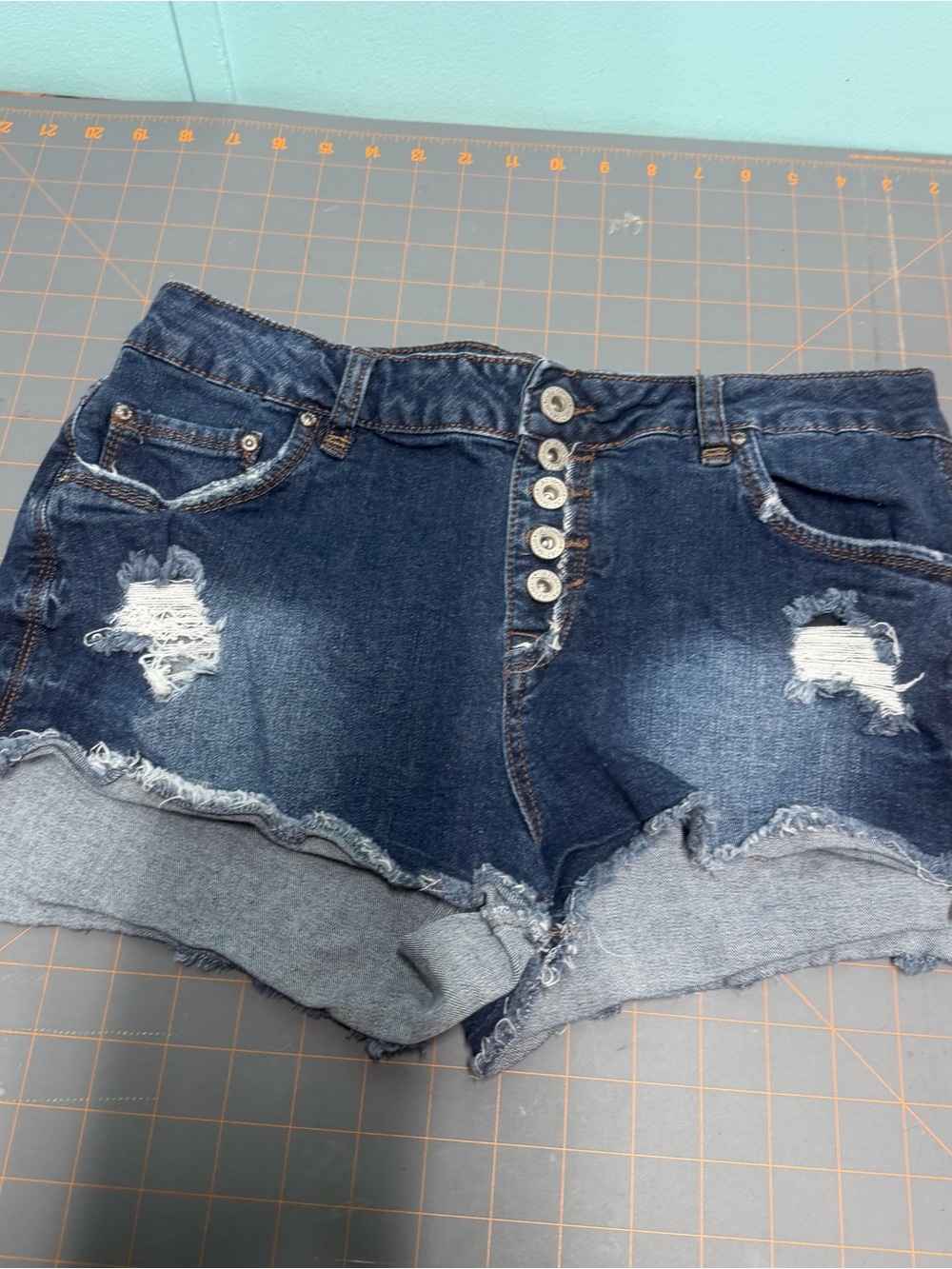Rue21 Dark Wash Distressed Denim Shorts with Button Fly 11/12 high waisted short